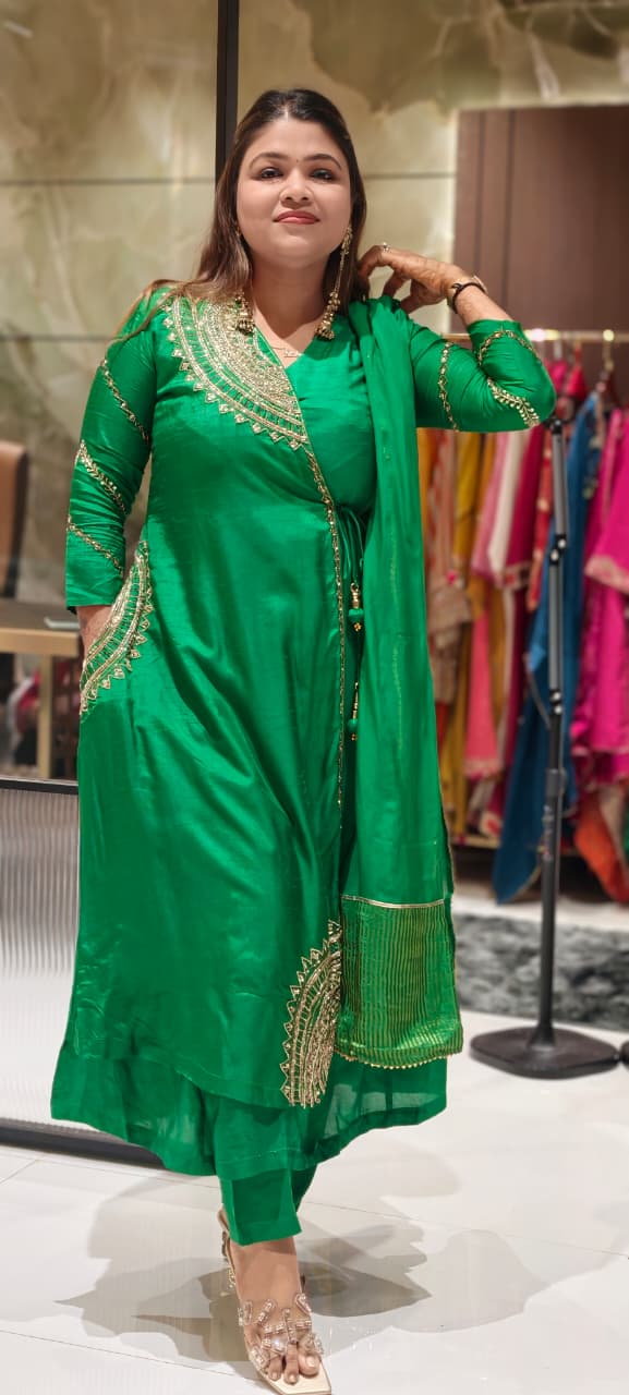 Half Phased Embroidered Angrakha Style A-Line Russian Silk Full Suit Set with Dupatta- 15324
