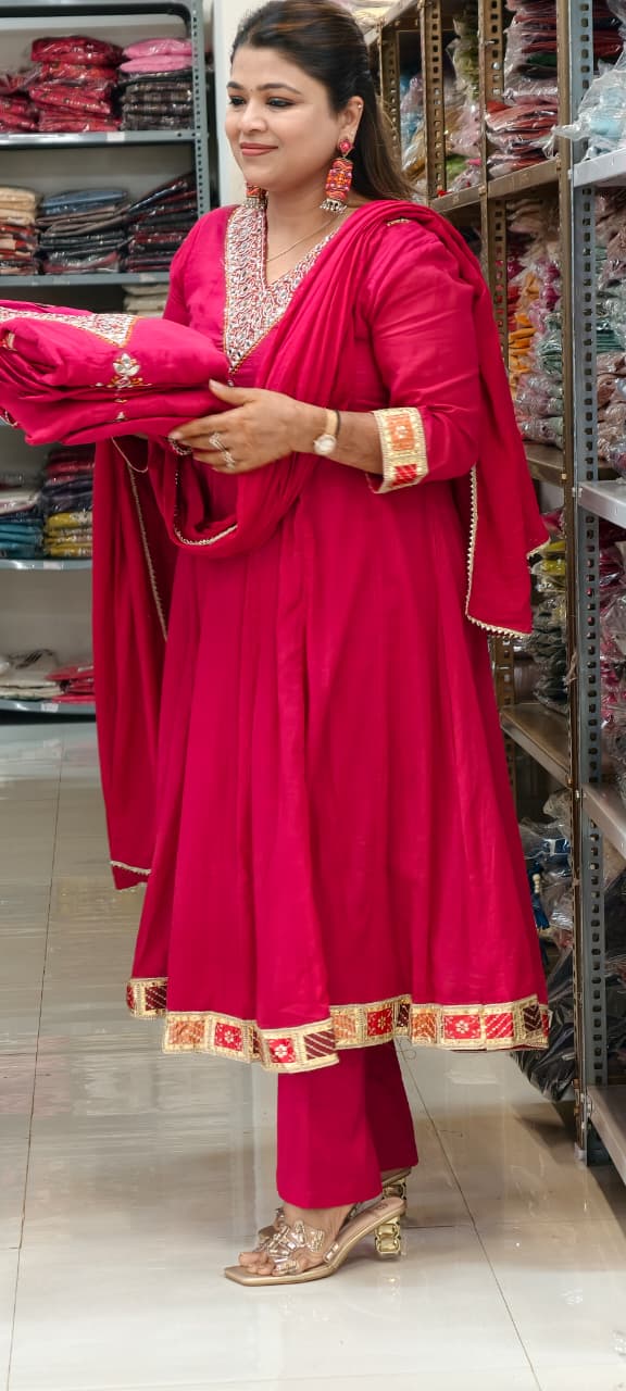 Vibrant Maroon Real Mirror V-Neck Embroidered Mul-Cotton Panel Anarkali Full Suit Set With Dupatta- 15324