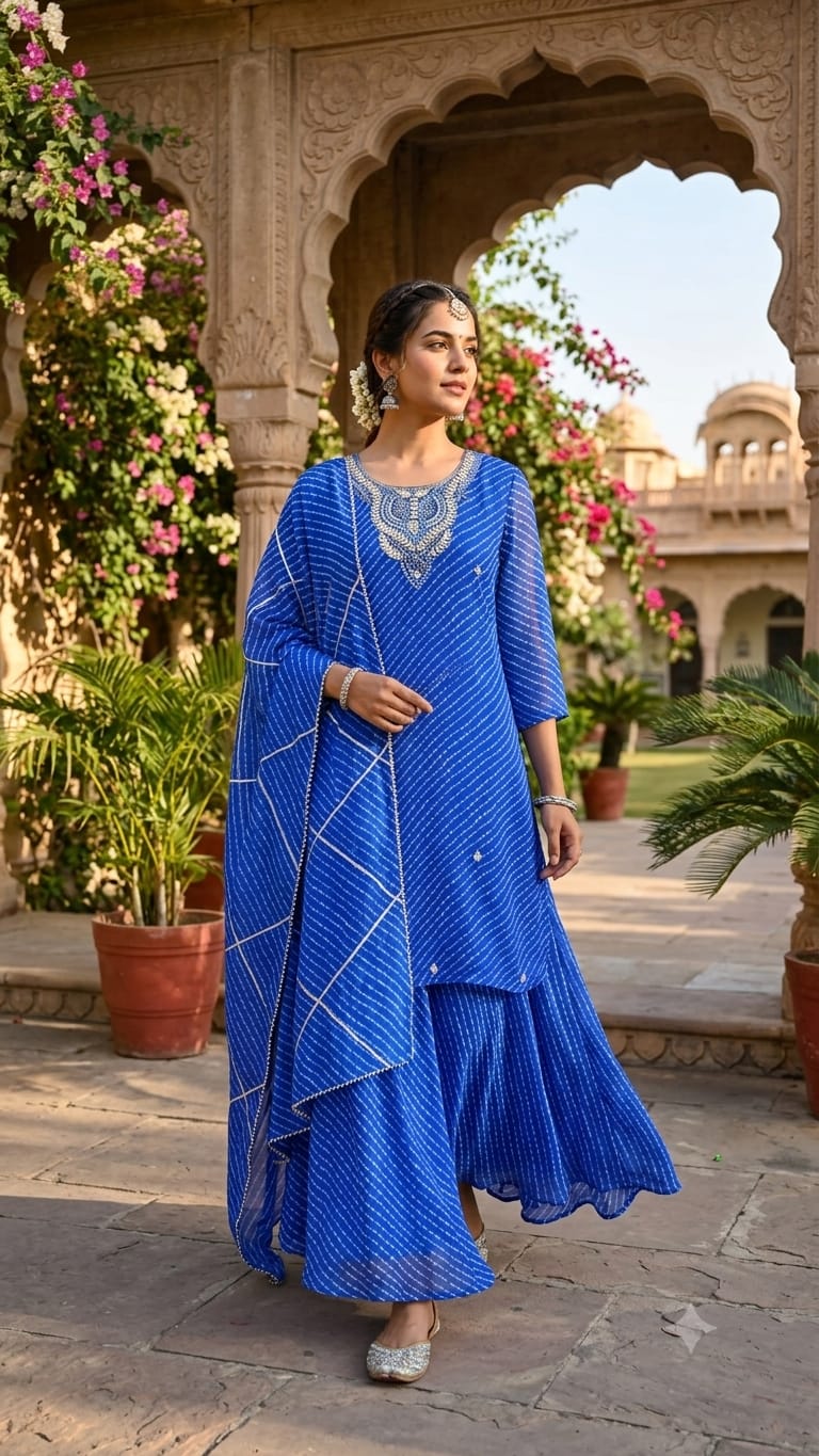 Elegant Traditional Gotta Embroidered Leheriya Pattern Semi Georgette Full Suit Set With Dupatta- 15118