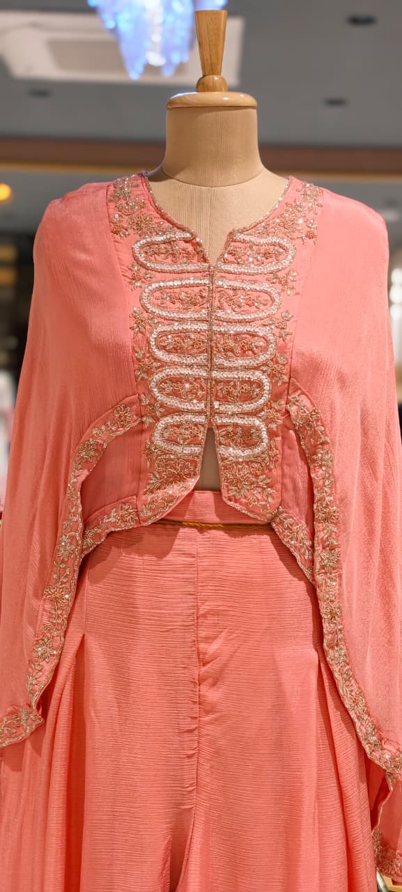 Elegant Cut-Dana Embroidered High-Low Outer Layered Top & Flared Palazzo Bottom In Chinon Fabric- 15366