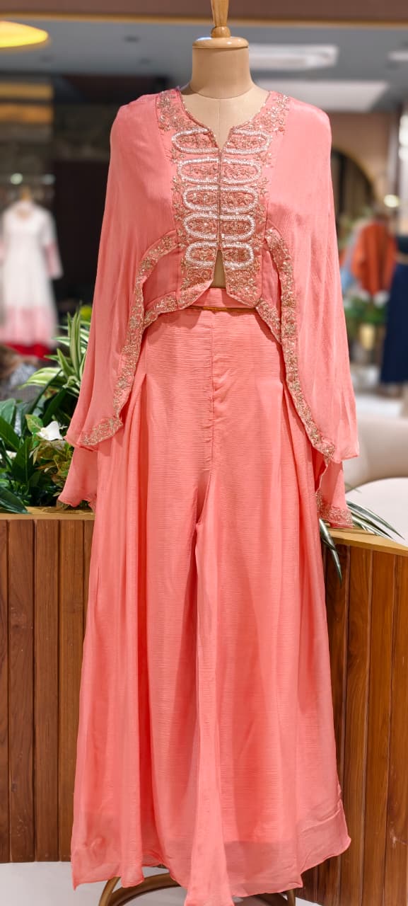 Elegant Cut-Dana Embroidered High-Low Outer Layered Top & Flared Palazzo Bottom In Chinon Fabric- 15366