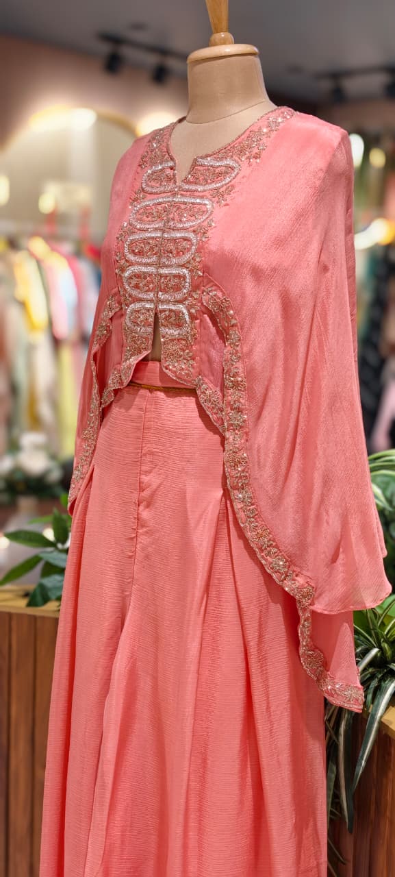 Elegant Cut-Dana Embroidered High-Low Outer Layered Top & Flared Palazzo Bottom In Chinon Fabric- 15366