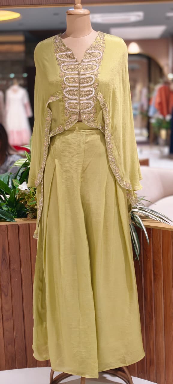 Elegant Cut-Dana Embroidered High-Low Outer Layered Top & Flared Palazzo Bottom In Chinon Fabric- 15366