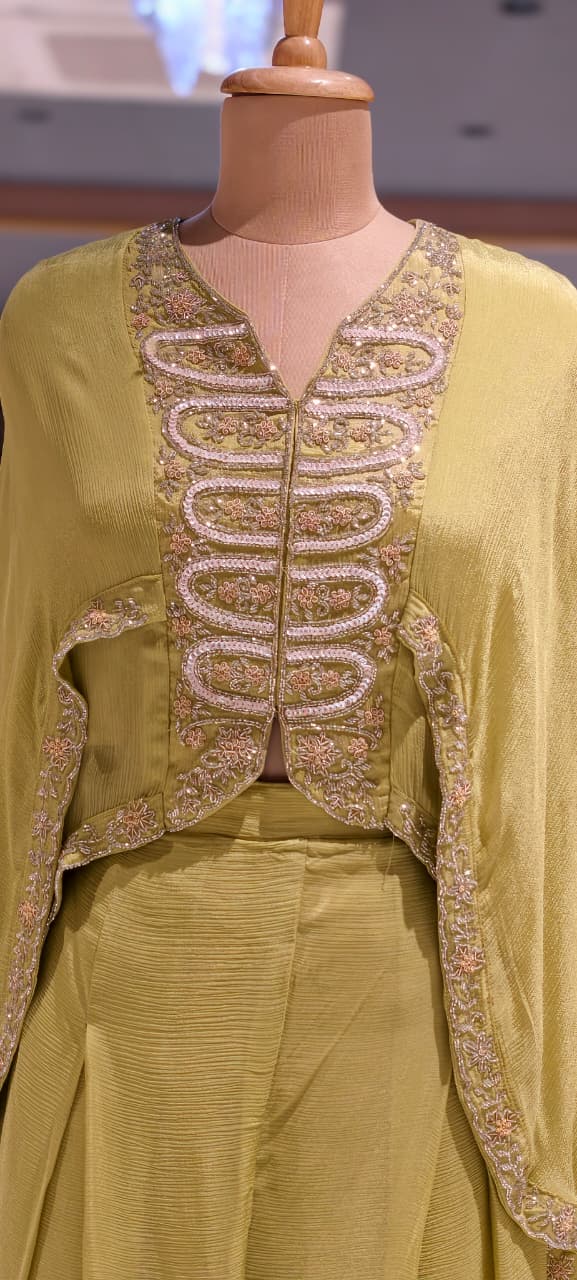 Elegant Cut-Dana Embroidered High-Low Outer Layered Top & Flared Palazzo Bottom In Chinon Fabric- 15366