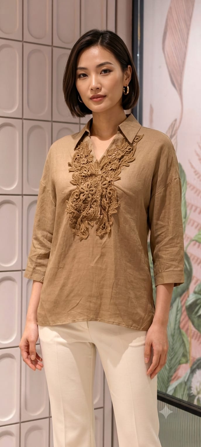Elysian Lace-Applique Solid Tunic Imported Shirt- 15151