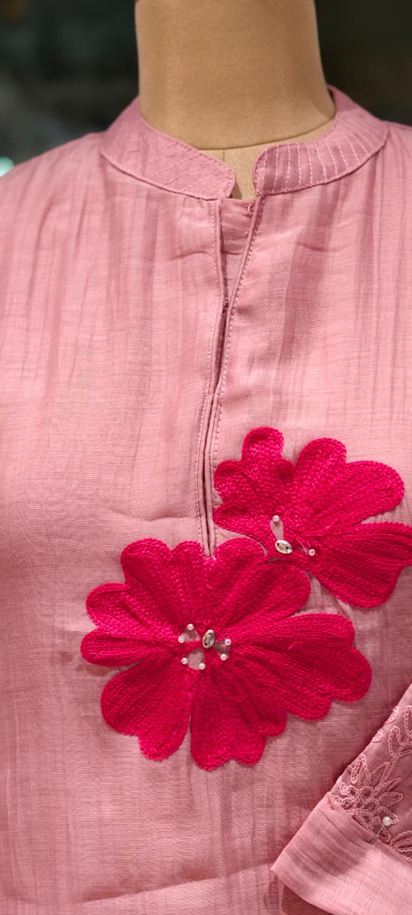 Mandarin Collar Ankle Length Mul-Chanderi Frock with 3D Floral Applique Yoke- 15421