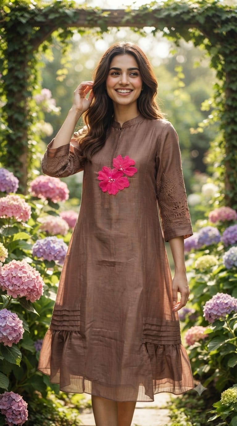 Mandarin Collar Ankle Length Mul-Chanderi Frock with 3D Floral Applique Yoke- 15421