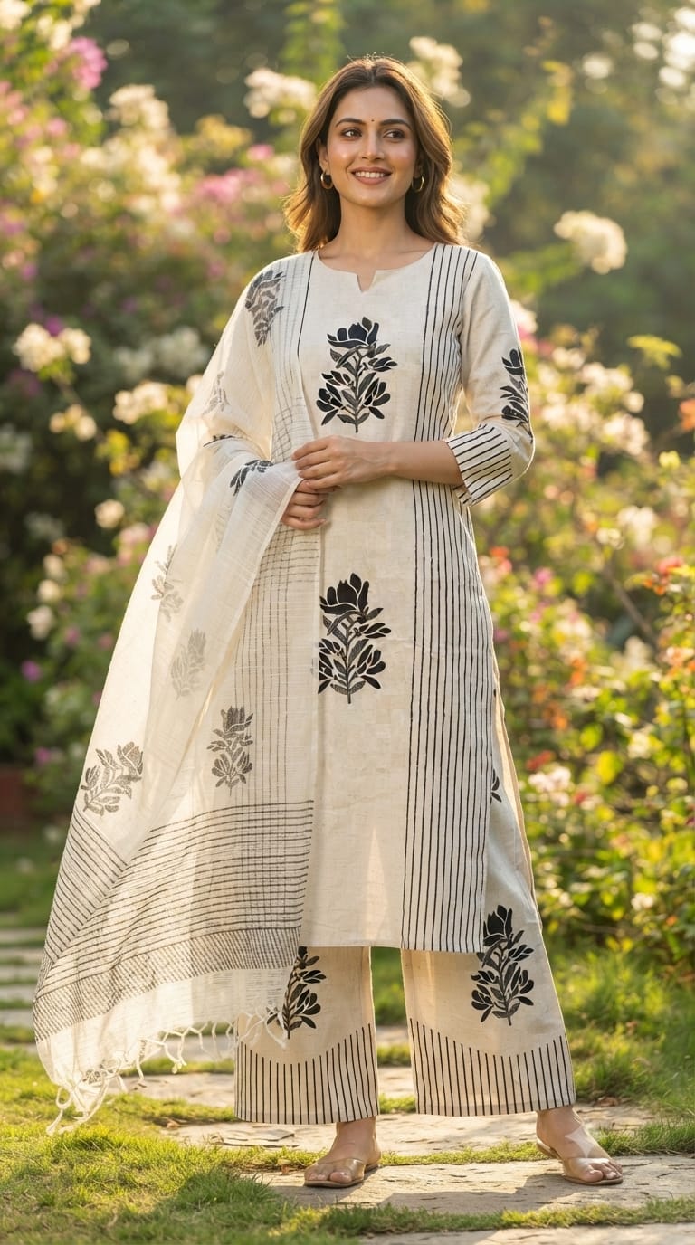 Leafy Placement Print Striped Flex Cotton Full Suit Set With Kota Doria Dupatta- 15388