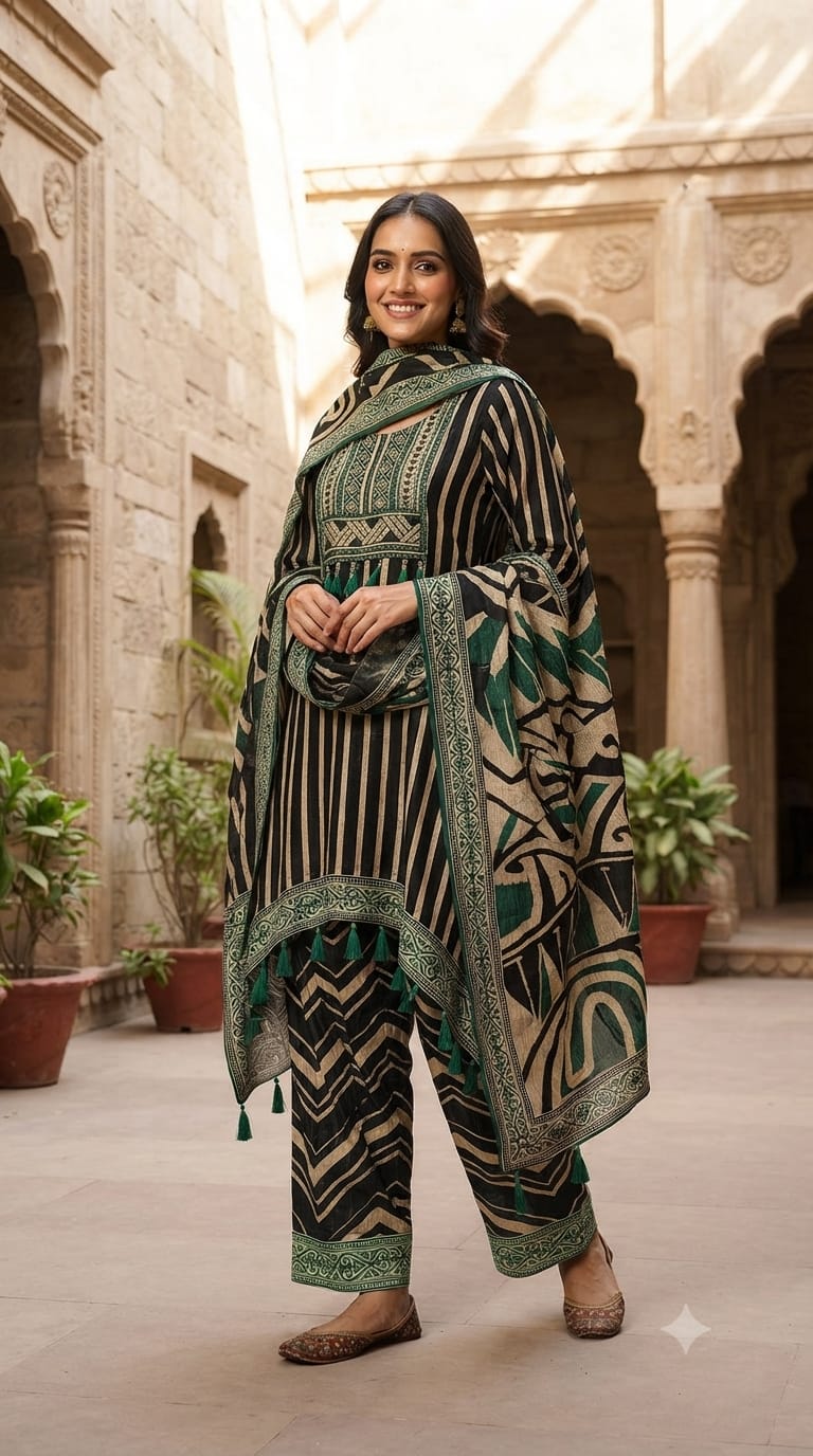 Boho Chich Tribal Inspired Multicolor Print Crepe Full Suit Set With Dupatta & Farsi Bottom- 15417, 15120