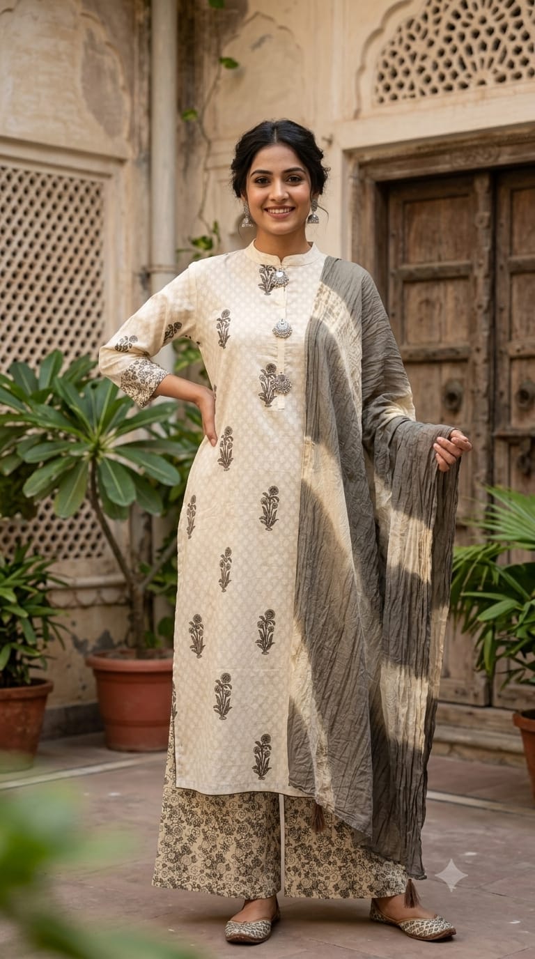 Oxidised Jewel Front Hang Printed Cotton Full Suit Set With Contrasted Dupatta- 15175