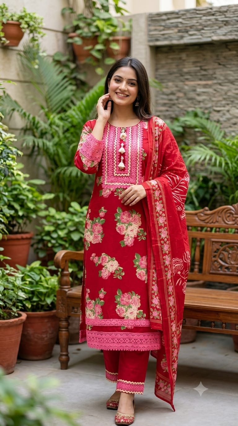 Crosia Lace Detailing Floral Printed Cotton Full Suit Set With Dupatta- 15262