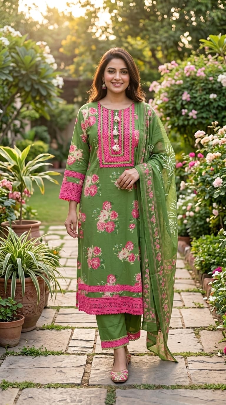 Crosia Lace Detailing Floral Printed Cotton Full Suit Set With Dupatta- 15262
