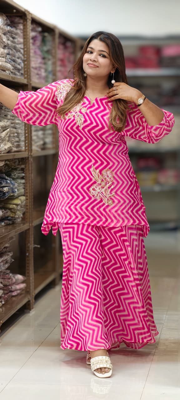 Zig-Zag Leheriya Print Peplum High & Low Top and Palazzo Set with Zardosi Floral Embroidery- 15428