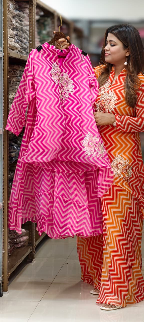 Chevron Leheriya Print Asymmetric Peplum One Side High & Low Top and Palazzo Set with Floral Zardosi Embroidery- 15429