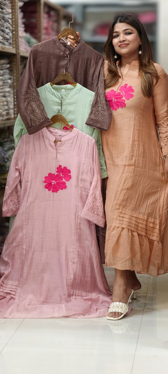 Mandarin Collar Ankle Length Mul-Chanderi Frock with 3D Floral Applique Yoke- 15421