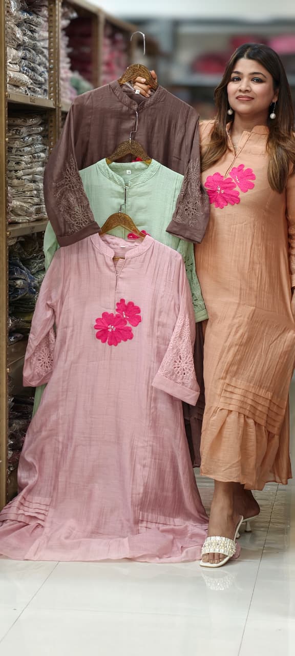 Mandarin Collar Ankle Length Mul-Chanderi Frock with 3D Floral Applique Yoke- 15421