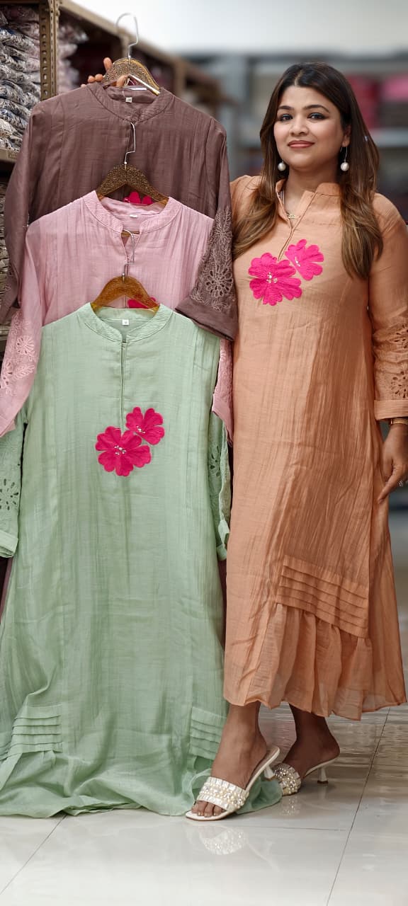 Mandarin Collar Ankle Length Mul-Chanderi Frock with 3D Floral Applique Yoke- 15421