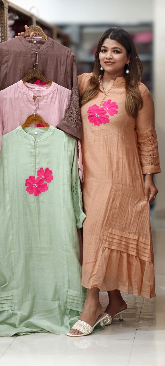 Mandarin Collar Ankle Length Mul-Chanderi Frock with 3D Floral Applique Yoke- 15421