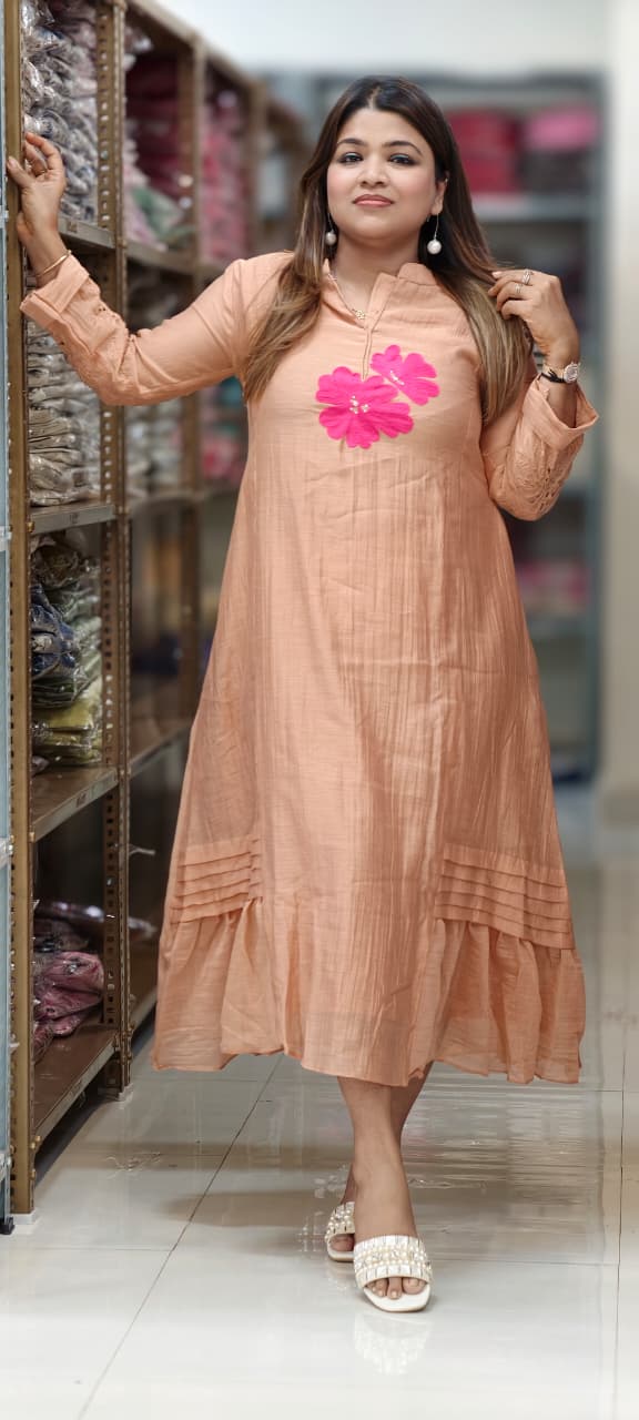 Mandarin Collar Ankle Length Mul-Chanderi Frock with 3D Floral Applique Yoke- 15421
