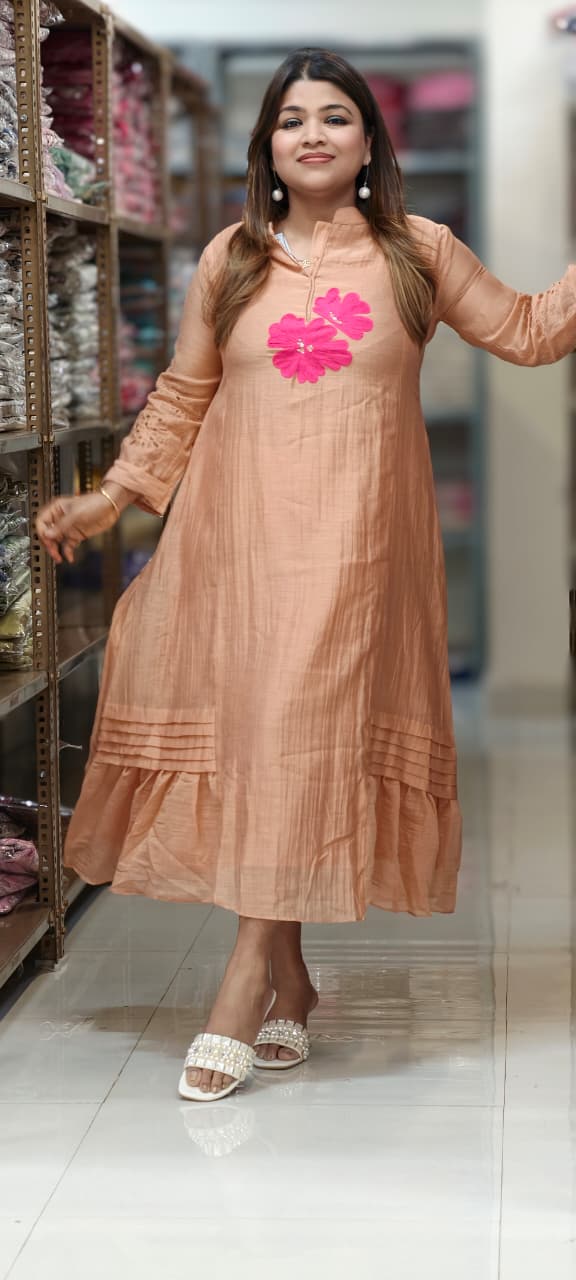 Mandarin Collar Ankle Length Mul-Chanderi Frock with 3D Floral Applique Yoke- 15421
