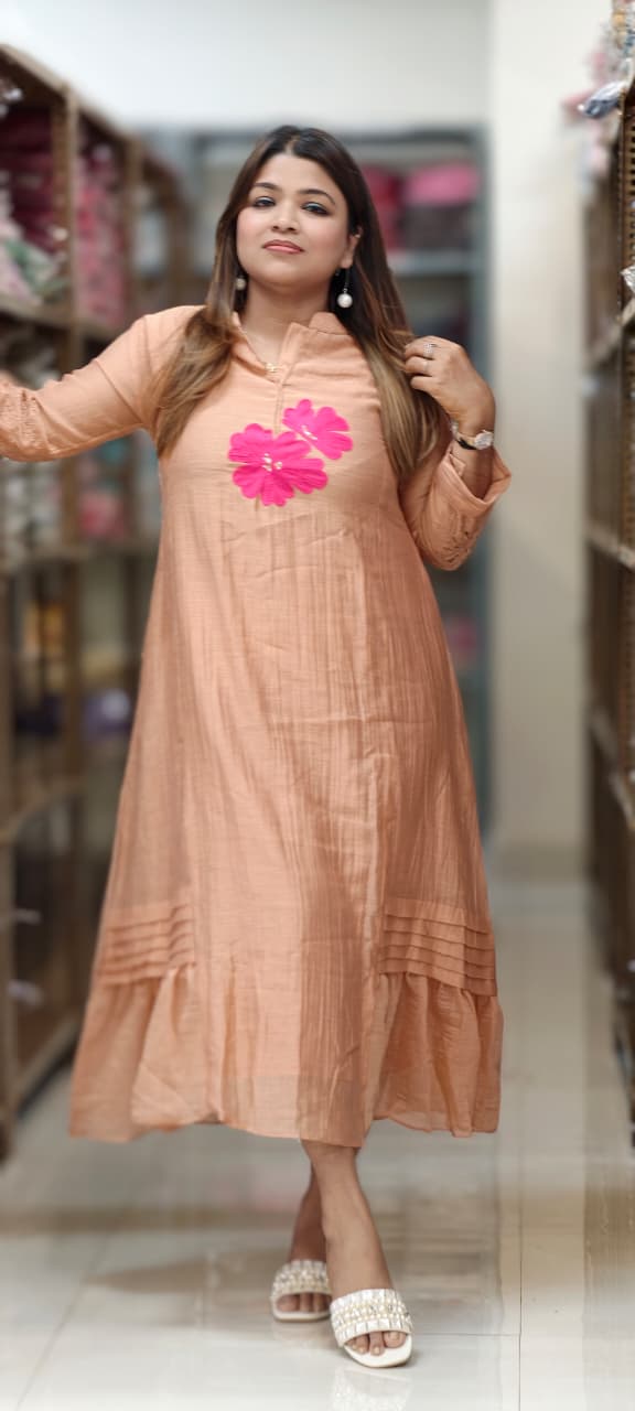 Mandarin Collar Ankle Length Mul-Chanderi Frock with 3D Floral Applique Yoke- 15421