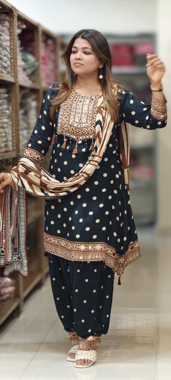 Boho Chich Tribal Inspired Multicolor Print Crepe Full Suit Set With Dupatta & Farsi Bottom- 15417, 15120