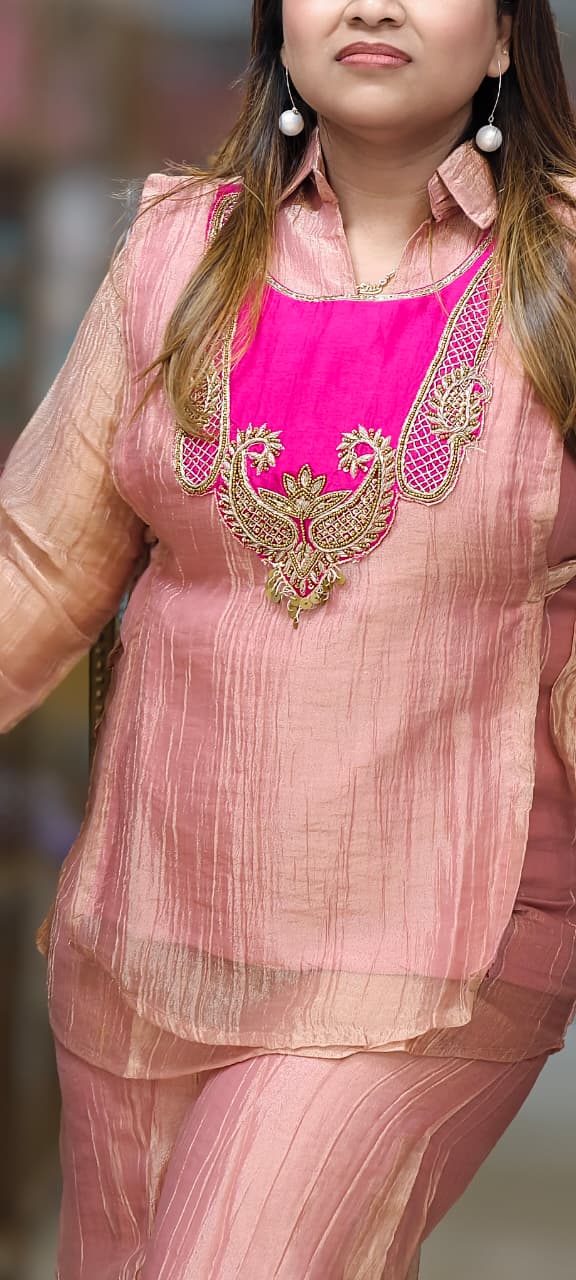 Premium Crush Tissue Mango Buti Embroidered Contrasted Yoke Overlay Co-Ord Set-15328