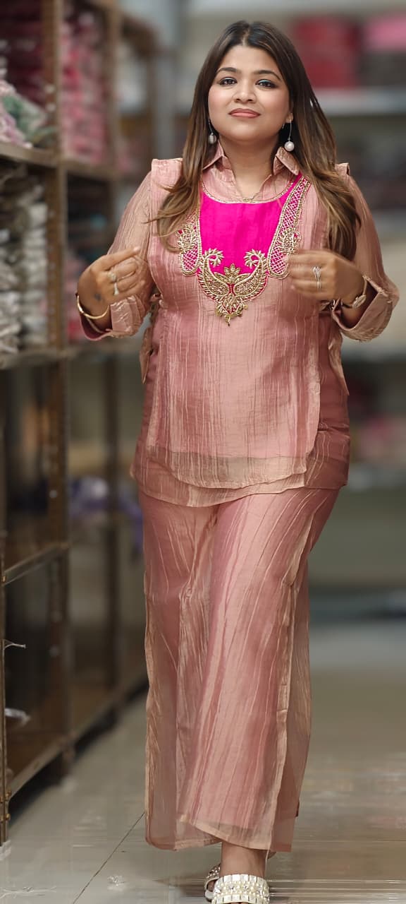 Premium Crush Tissue Mango Buti Embroidered Contrasted Yoke Overlay Co-Ord Set-15328