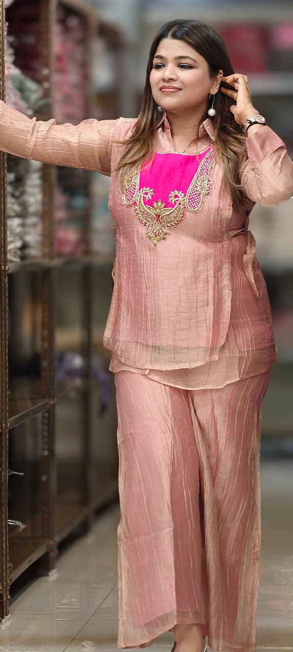 Premium Crush Tissue Mango Buti Embroidered Contrasted Yoke Overlay Co-Ord Set-15328