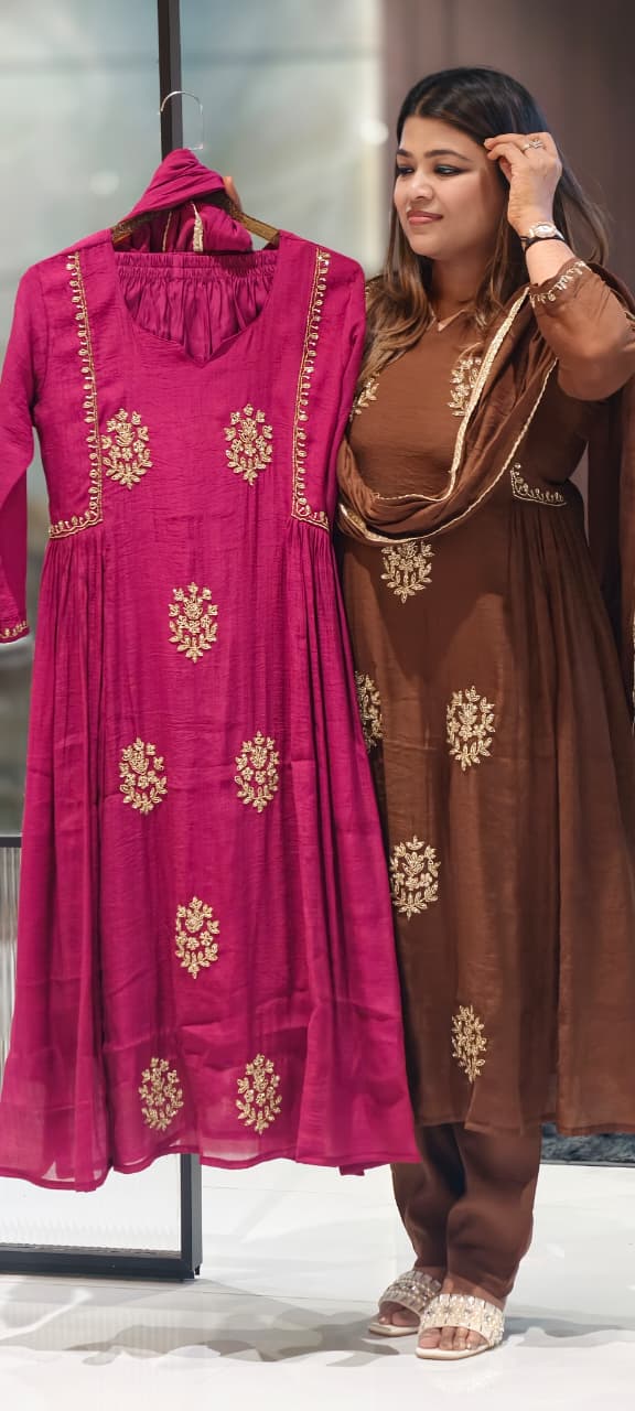 Crush Surat Mul-Chanderi Embroidered Side Pleated A-Line Full Suit Set with Dupatta- 15423