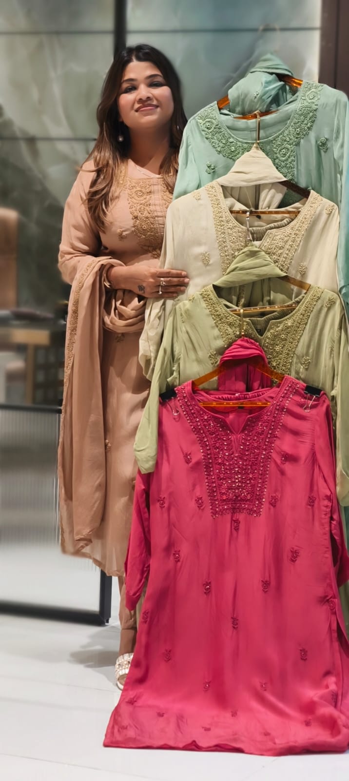 Foil Mirror Detailing Chikankari Embroidered Yoke Solid Organza Full Suit Set With Dupatta- 15376