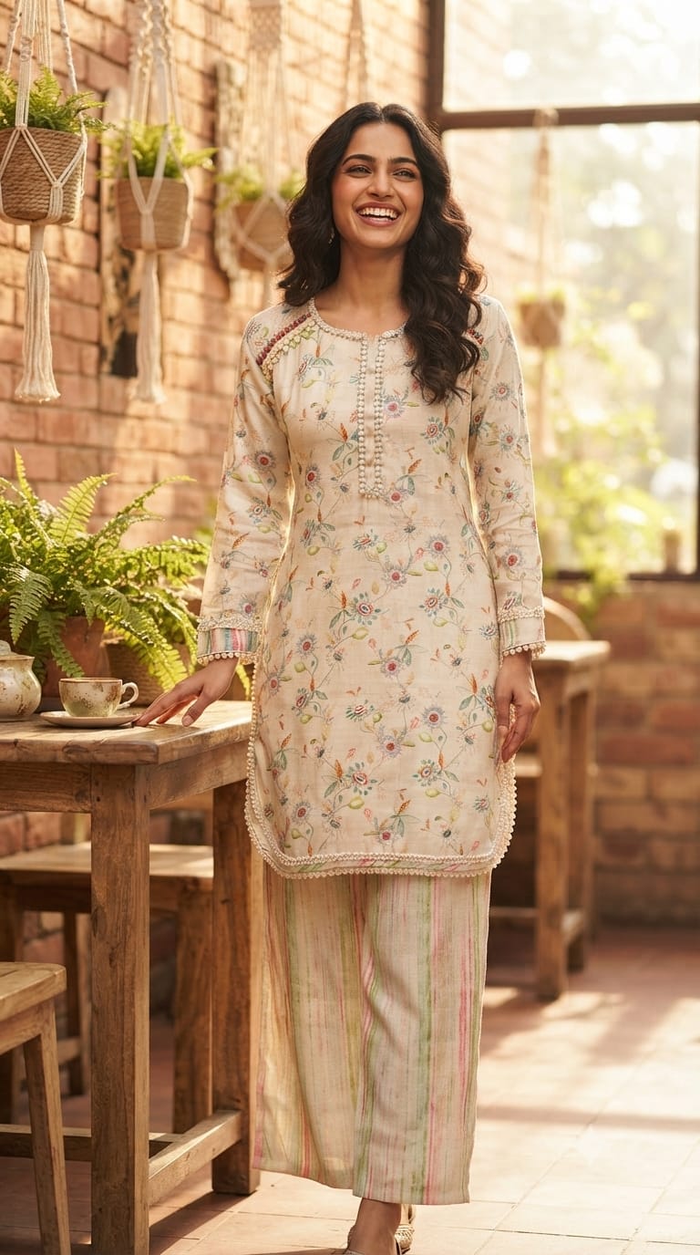 Cute Floral Motifs Lace Detailing Casual Wear Co-Ord Set- 14854