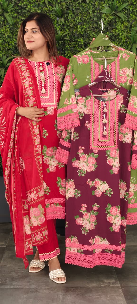 Crosia Lace Detailing Floral Printed Cotton Full Suit Set With Dupatta- 15262