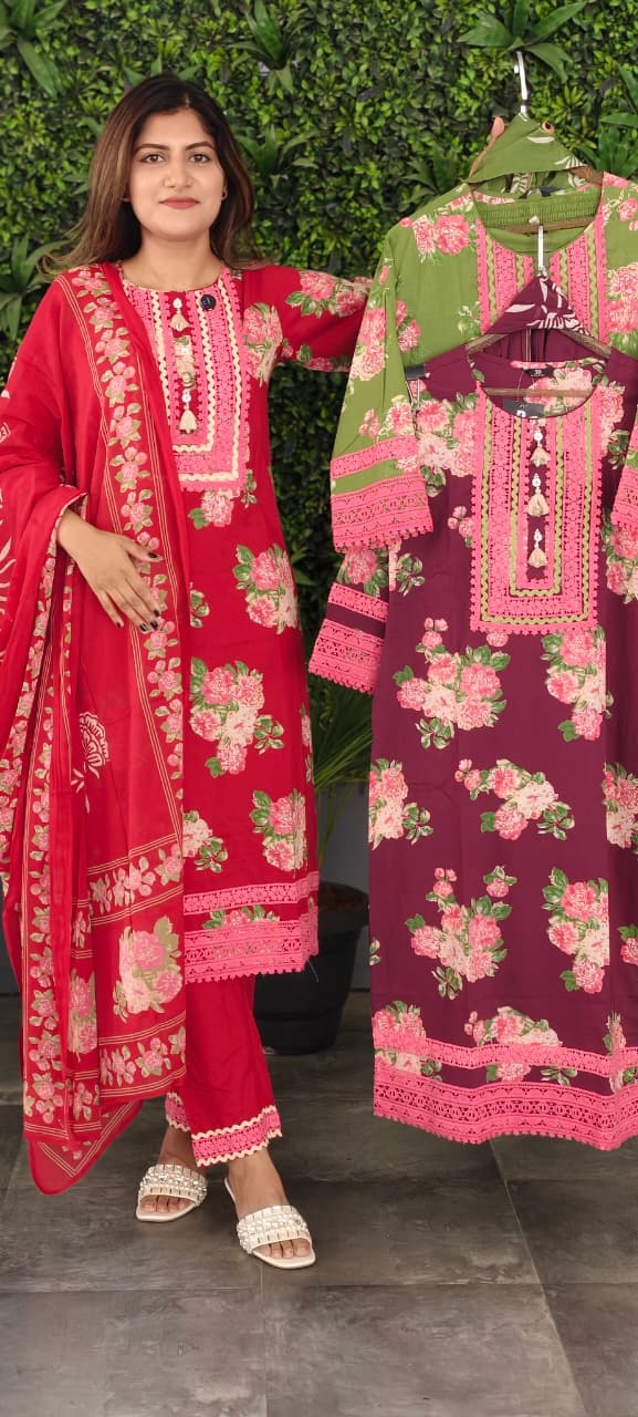 Crosia Lace Detailing Floral Printed Cotton Full Suit Set With Dupatta- 15262