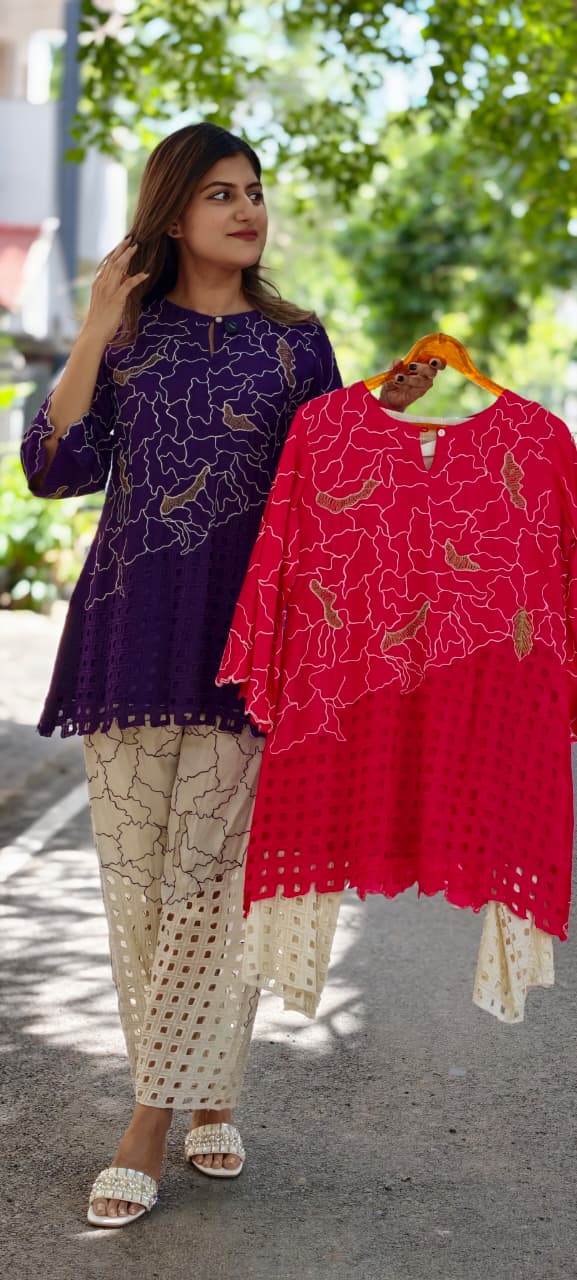 Contemporary Abstract Embroidered with Geometric Cutwork Russian Silk Co-Ord Set- 15224