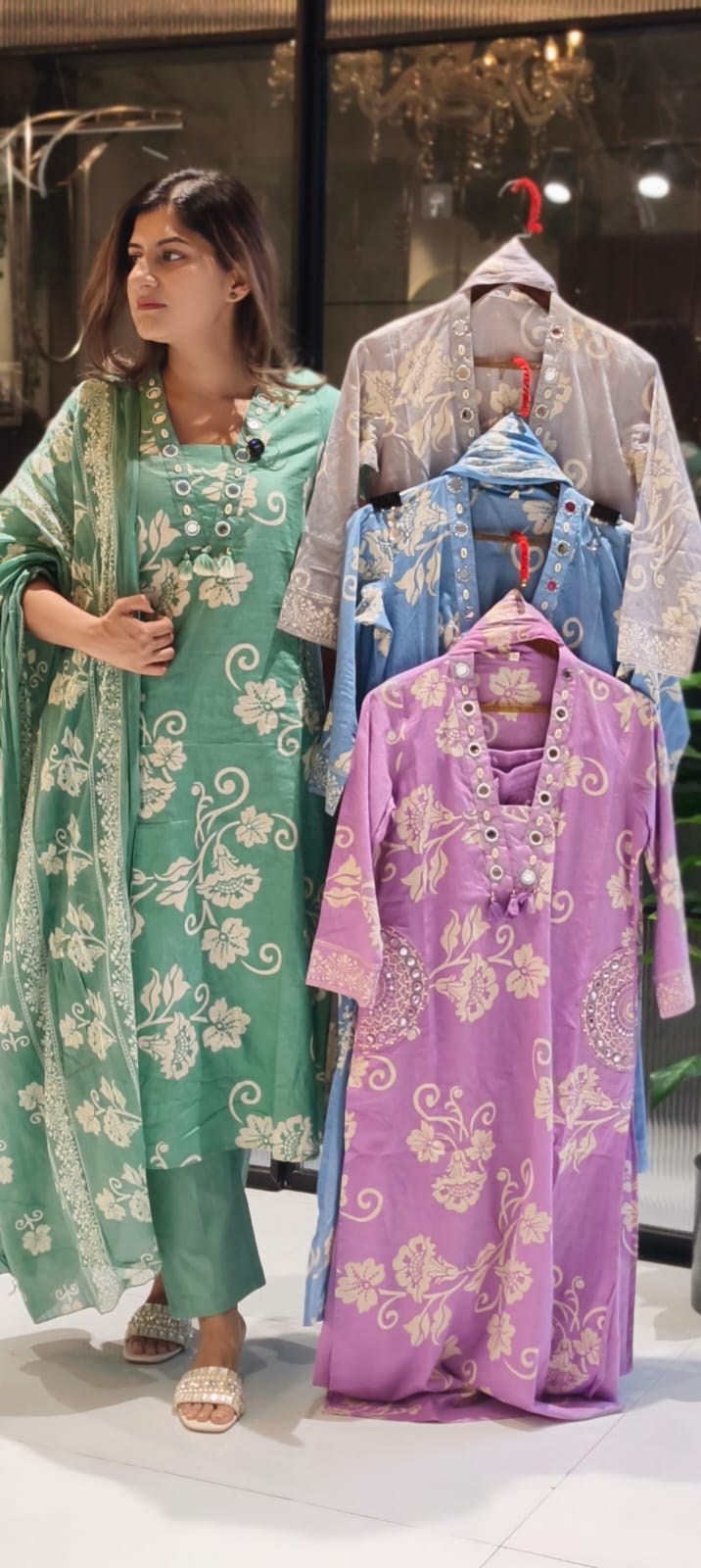 Ivory Blossom Elegance Noor Floral Printed Charm Cotton Full Suit Set With Dupatta- 15358