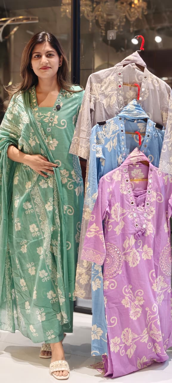 Ivory Blossom Elegance Noor Floral Printed Charm Cotton Full Suit Set With Dupatta- 15358