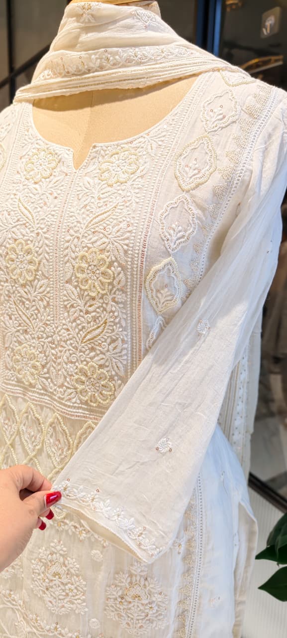 Chikankari Pure Thread Embroidered Decent Tone Full Suit Set With Dupatta In Mul Chanderi Fabric-14250 RB236
