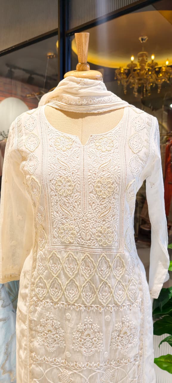 Chikankari Pure Thread Embroidered Decent Tone Full Suit Set With Dupatta In Mul Chanderi Fabric-14250 RB236