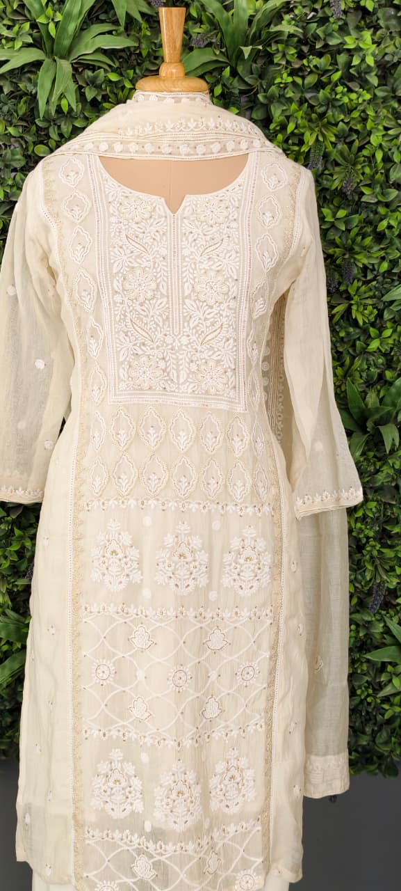 Chikankari Pure Thread Embroidered Decent Tone Full Suit Set With Dupatta In Mul Chanderi Fabric-14250 RB236