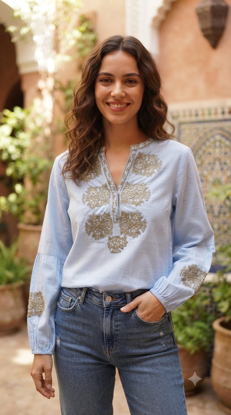 Rich Thread Embroidery Chinese Collar Imported Casual Top- 15145