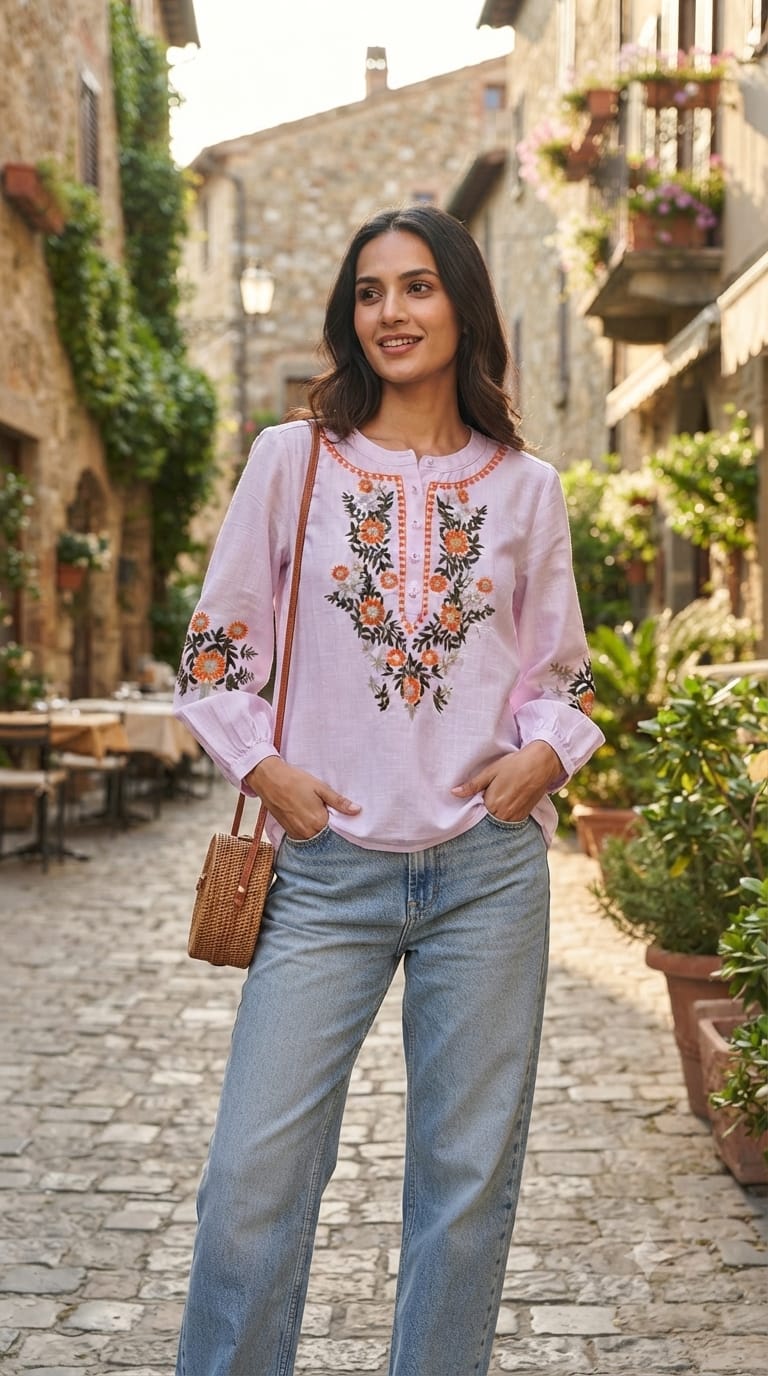 Premium Embroidered Cotton Summer Imported Western Casual Top- 15145