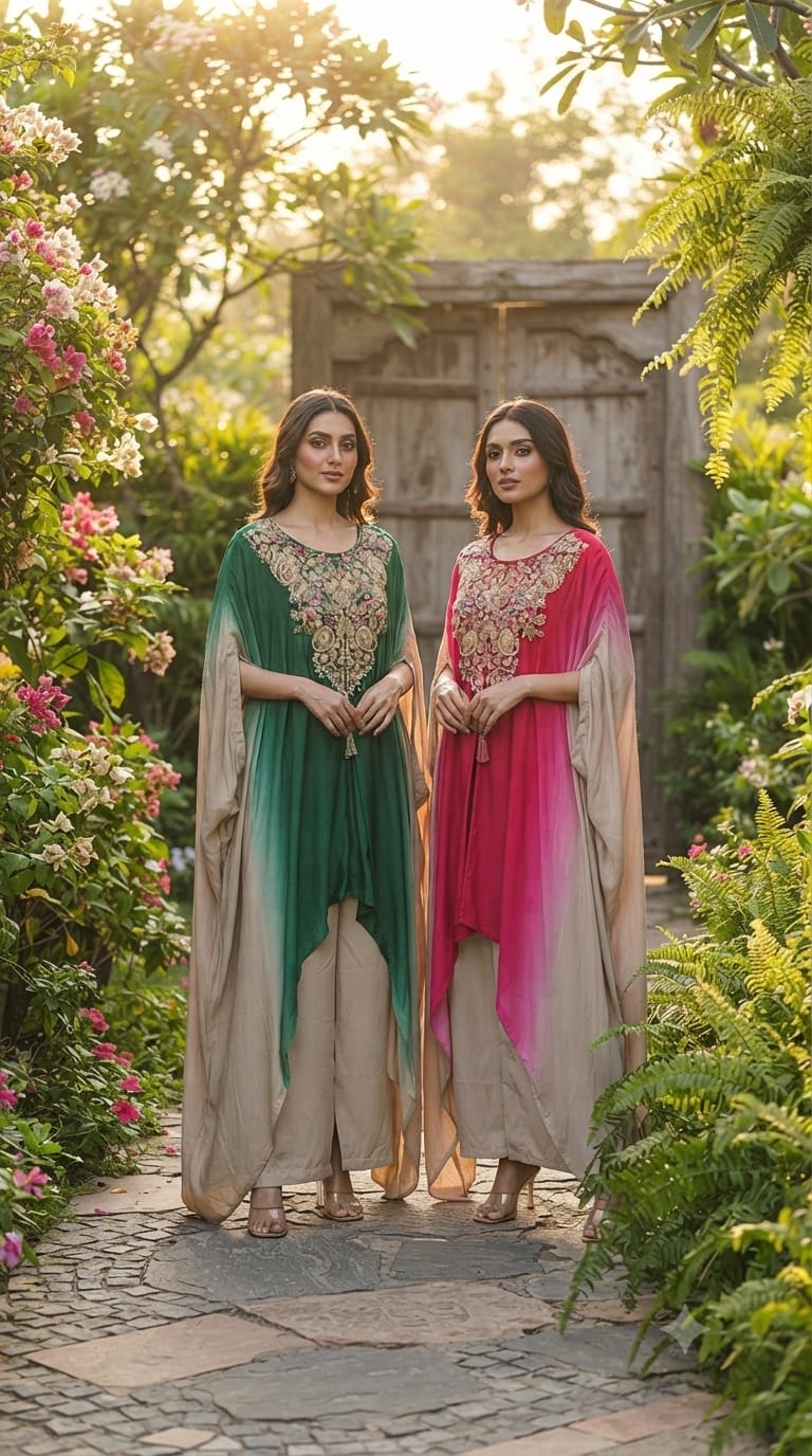 Grand Embroidered Multiple Stunning Ombre Kaftan Style Cape Kurta and Palazzo Fusion Modal Satin Indo Wear- 14953