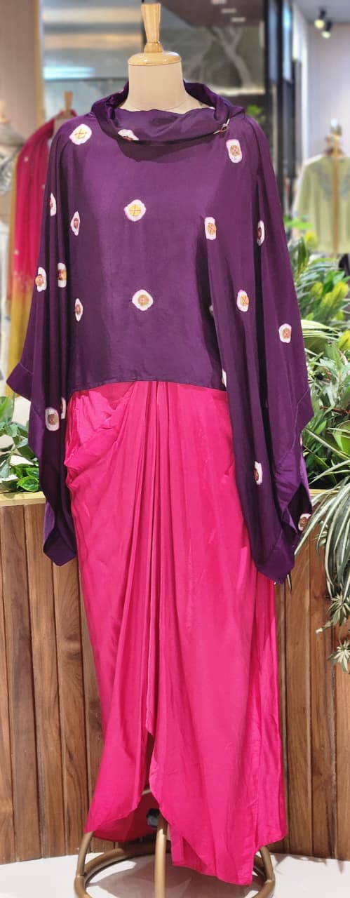 Purple Bandhani Print Cape Top with Fuchsia Pink Dhoti Skirt Bottom Modal Satin Indo-Wear- 14955