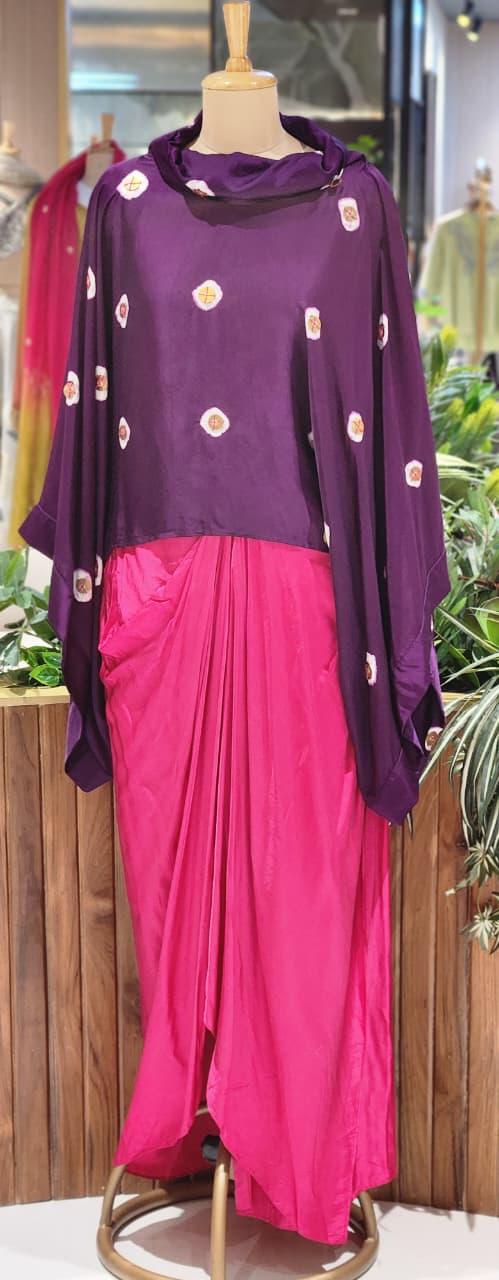 Purple Bandhani Print Cape Top with Fuchsia Pink Dhoti Skirt Bottom Modal Satin Indo-Wear- 14955