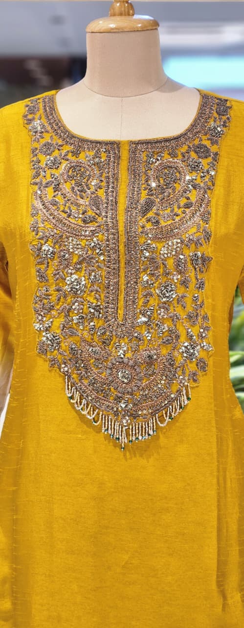 Mustard Yellow Embroidered Multi-Colored Hanging Tassels Long Kurta with Wide-Leg Palazzo Set- 13250