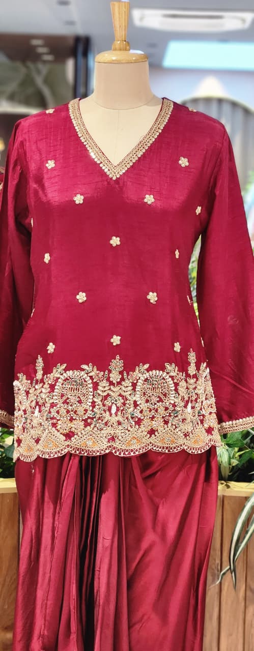 Regal Charm Glowy Embroidered Short Kurta and Draped Dhoti Skirt Set In Russian Silk Fabric- 13256