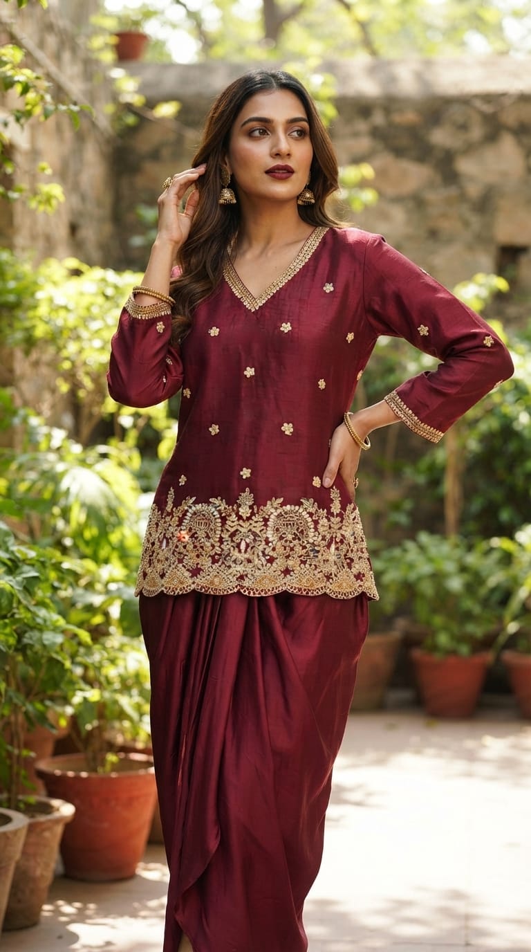 Regal Charm Glowy Embroidered Short Kurta and Draped Dhoti Skirt Set In Russian Silk Fabric- 13256