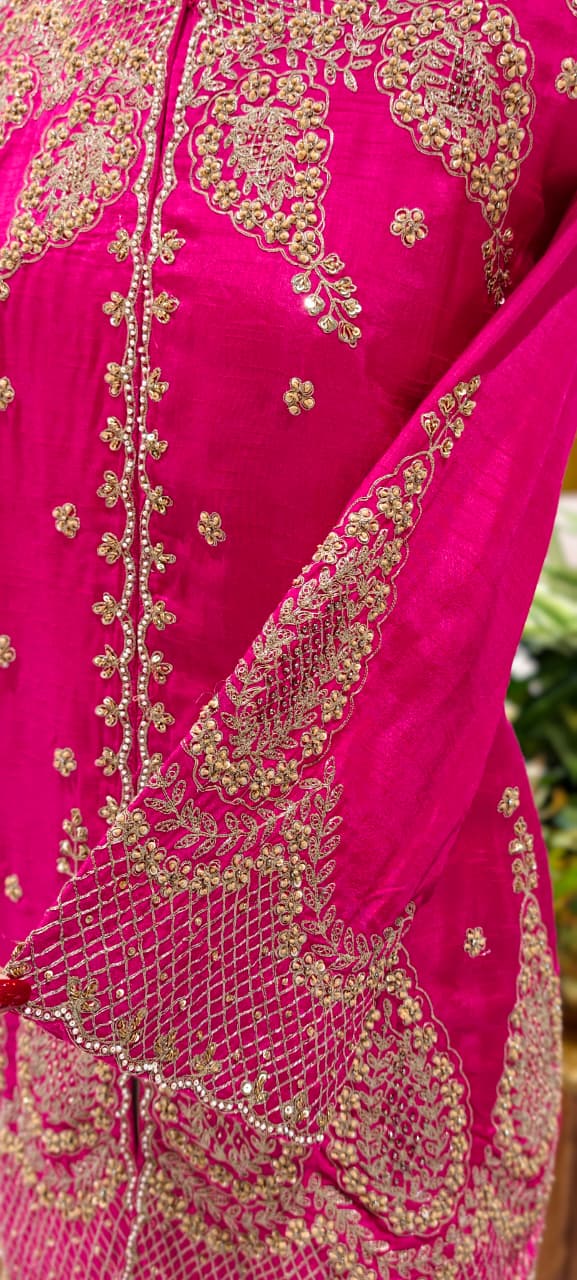 Fuschia Heavy Intricate Placement Embroidery Luxury Russian Silk Indo-Wear Kurta With Harem Pant- 12594