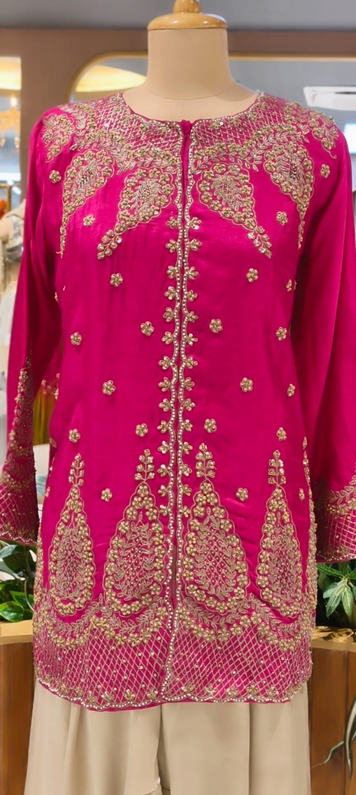 Fuschia Heavy Intricate Placement Embroidery Luxury Russian Silk Indo-Wear Kurta With Harem Pant- 12594